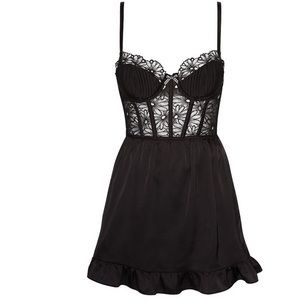 FOR LOVE & LEMONS • BLACK SATIN EMBROIDERED MESH DAISY BUSTIER CORSET MINI DRESS